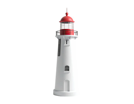 A tall, white lighthouse with a red top stands against a stark black background
