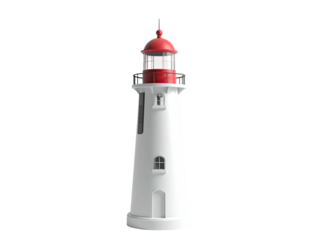 A tall, white lighthouse with a red top stands against a stark black background
