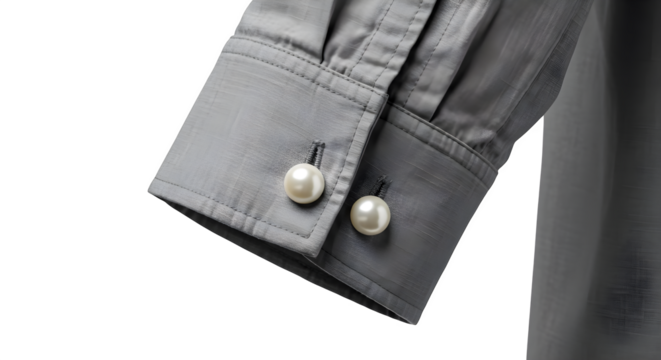 Gray textured shirt with pearl cufflinks shows fashion detail for social media, product photography.