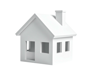 A minimalist, white rendered house with a chimney and windows on a black background