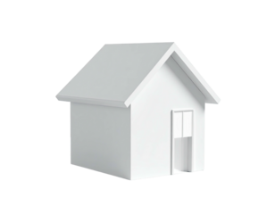 A minimalist, white house illustration with a gabled roof and a single door