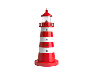 A tall, red and white striped lighthouse against a stark black background