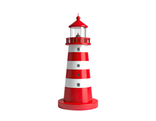 A tall, red and white striped lighthouse against a stark black background