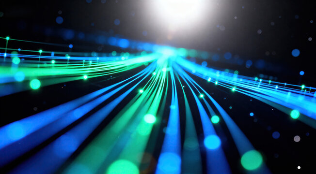 An image showcasing fiber optic cables with bright lights and blue green lines representing high-speed data transmission.
