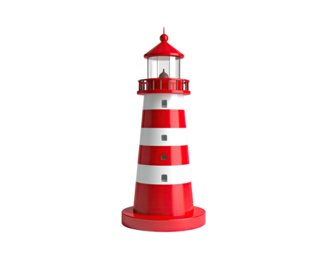 A tall, red and white striped lighthouse against a stark black background