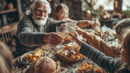 A family is gathered around a table with a variety of food and drinks