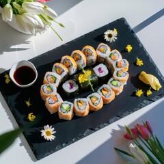 A plate of vegan sushi arranged artfully on a
slate board with edible flowers and a small soy dish. Close-up top-down,