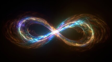 An ethereal infinity symbol glows with swirling cosmic colors against a black background, suggesting boundless energy