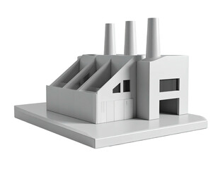 A minimalist, white 3D model of an industrial building with three smokestacks