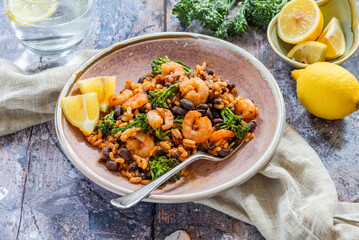 Chorizo and prawns rice with tenderstem broccoli