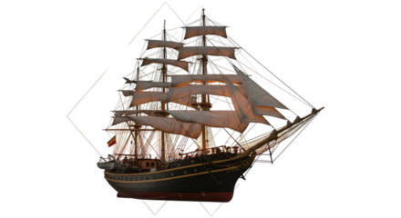 Clipper ship sails majestically, dramatic lighting emphasizes detail, creating a cinematic feel. Ideal for history documentaries or nautical branding.