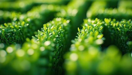 Rows of vibrant, green plants, soft-focus agricultural scene