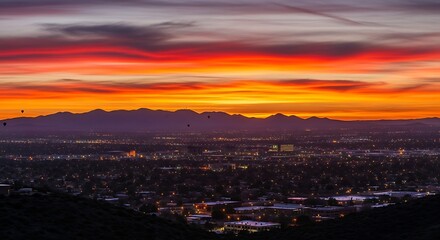 Obraz premium Vibrant Fiery Sunset Over a Sprawling City and Mountains.