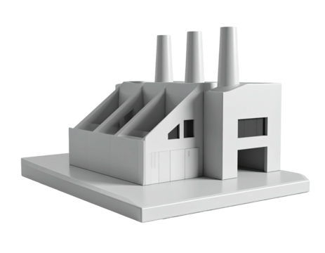 A minimalist, white 3D model of an industrial building with three smokestacks - Powered by Adobe