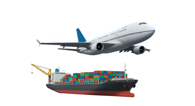 White plane and cargo ship on black show global trade for product photography and presentation backdrop.