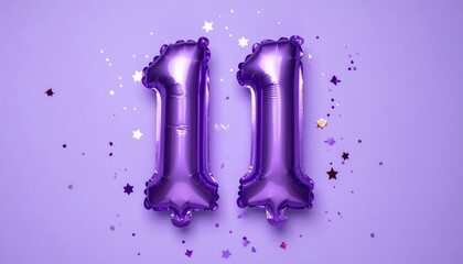 Purple balloon number 11 with confetti on solid colored background. Photo for anniversary or birthday party