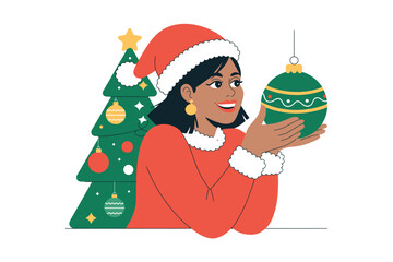 Woman in santa hat holding ornament near christmas tree illustration