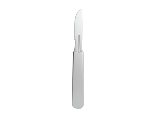 A single, sleek surgical tool with a curved blade, isolated on black