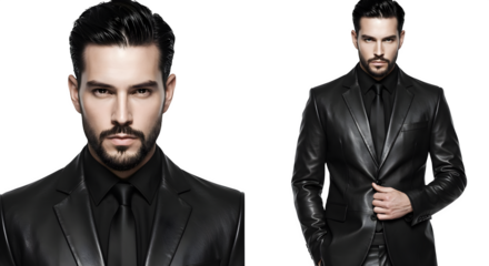 Cinematic portraits feature black leather suits with sharp focus, for edgy branding and magazine layouts.