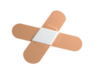 Two beige adhesive bandages are crossed over each other on a black background