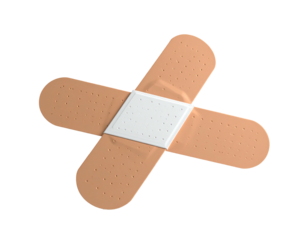 Two beige adhesive bandages are crossed over each other on a black background