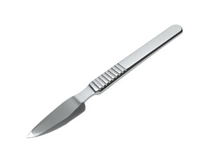 Shiny, stainless steel scalpel with a sharp blade on a stark black background