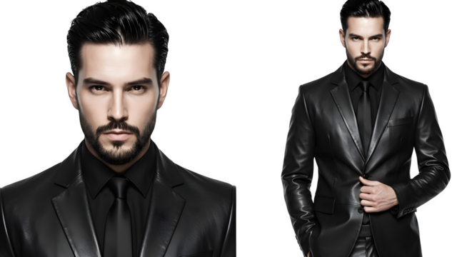 Cinematic portraits feature black leather suits with sharp focus, for edgy branding and magazine layouts.