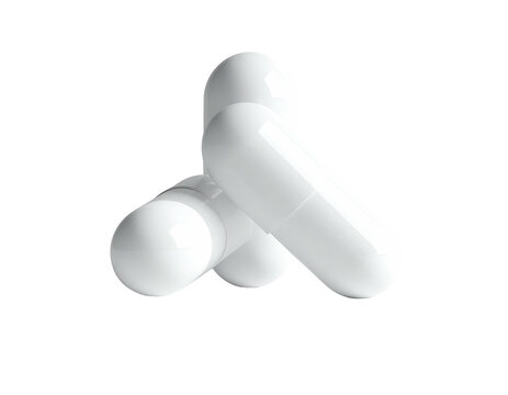 Three white, glossy capsules arranged in a triangular formation on black background