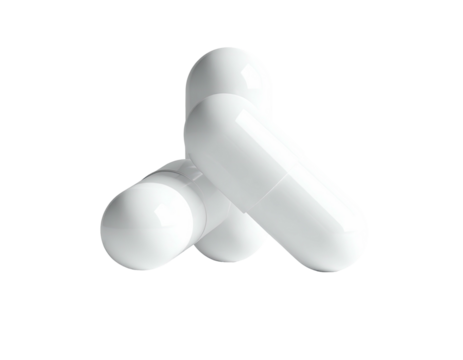 Three white, glossy capsules arranged in a triangular formation on black background - Powered by Adobe