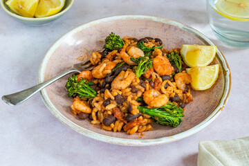 Chorizo and prawns rice with tenderstem broccoli