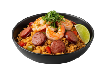 Jambalaya with plump shrimp and savory sausage, garnished with parsley and lime, in a matte black bowl on transparent background, appetizing food photography concept.