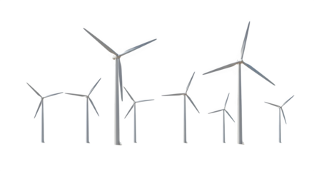 White wind turbines stand against a black background. Illustrates renewable energy or sustainability for branding or environmental campaigns.
