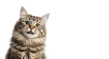 Obraz premium Funny tabby cat with tongue out isolated on white background is looking up