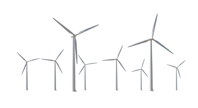 White wind turbines stand against a black background. Illustrates renewable energy or sustainability for branding or environmental campaigns.