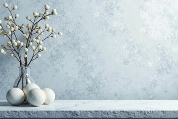 Serene Winter Still Life with White Berries and Decorative Spheres on a Marble Surface