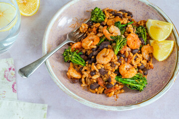 Chorizo and prawns rice with tenderstem broccoli