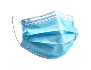A light blue surgical mask on a black background, with ear loops and folds
