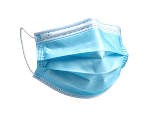 A light blue surgical mask on a black background, with ear loops and folds