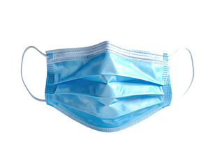 A blue surgical mask, front view, with ear loops, set against a black background