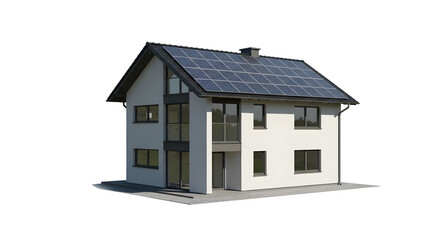 Clean white house with solar panels gleams, ideal for product photography, website design, or social media, showcasing eco-friendly modern architecture.