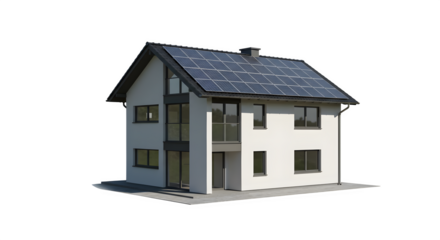 Clean white house with solar panels gleams, ideal for product photography, website design, or social media, showcasing eco-friendly modern architecture.