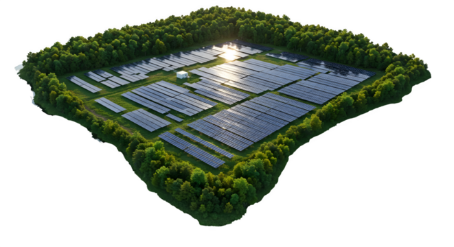 Aerial view shows solar panels among trees, creating textures with light reflections, suitable for sustainable energy campaigns or environmental awareness.
