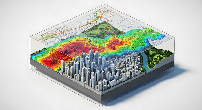 3D isometric city visualization showing urban development overlayed with environmental data and topography