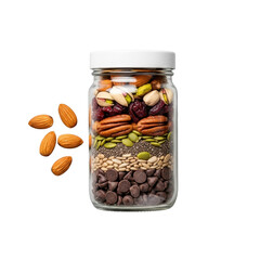 Top-down shot of a clear glass jar with layered gourmet trail mix, almonds, and sea salt on a transparent background, studio lighting, ultra-sharp focus. Concept of premium food product