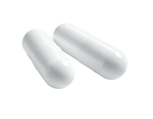 Two shiny white capsule pills on a black background, close-up