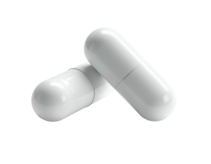 Two shiny, white capsules sit against a black background