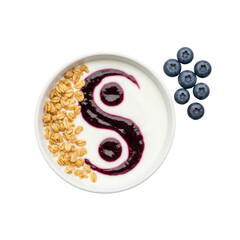 White ceramic bowl, creamy yogurt, purple blueberry puree yin-yang, golden granola, fresh blueberries, on transparent, bright studio lit, high key, concept of artistic healthy food presentation