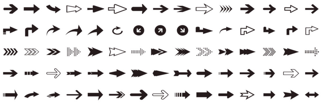 Arrows big black set icons. Arrow icon, Arrow vector collection, Arrow Cursor, Collection different arrows sign, Modern simple arrows, Black arrow pointing to the right, Vector arrow illustration.