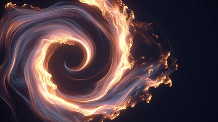 A swirling, fiery nebula of orange and blue hues emerges from darkness, creating a dynamic spiral