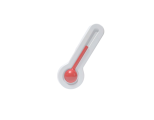 A 3D-rendered thermometer on black. The red liquid indicates a mid-range temperature